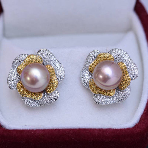 10-11mm Freshwater Pearl & Large Rose CZ Earrings - House Of Pearls